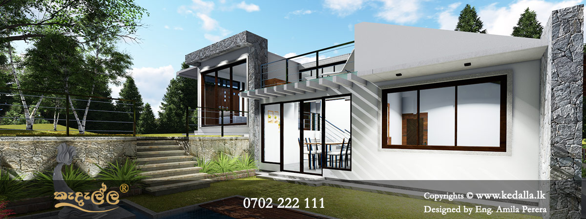 Single story 3 bedroom box shape home design done by leading architects in Kandy Sri Lanka