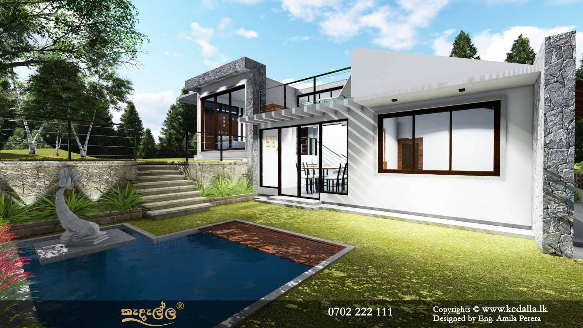 Beautifull Single Story House Plan with Swimming pool designed by building designers in kandy Sri Lanka