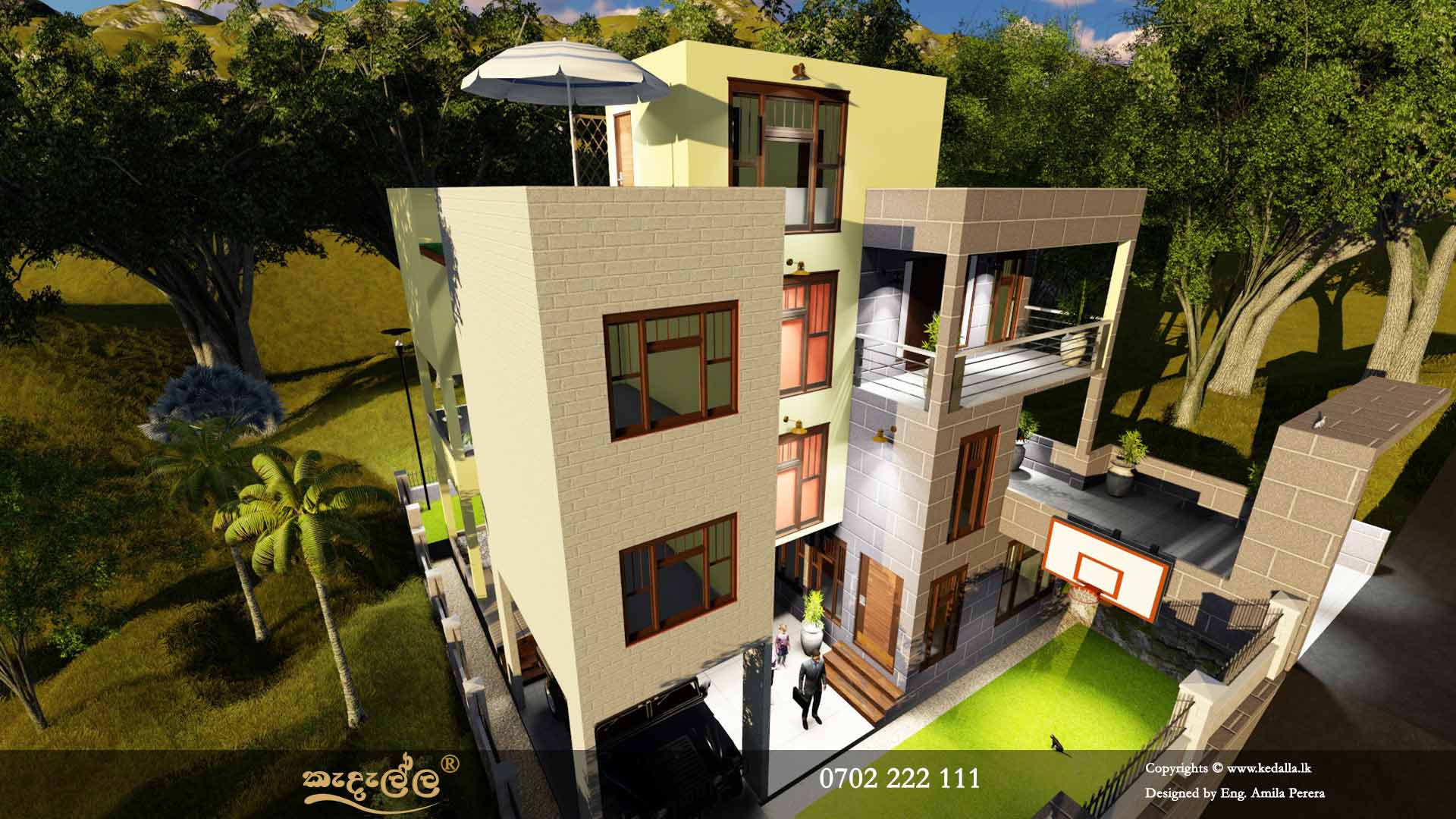 Modern three Story House Plans with large roof terrace and stair case room in Sri Lanka