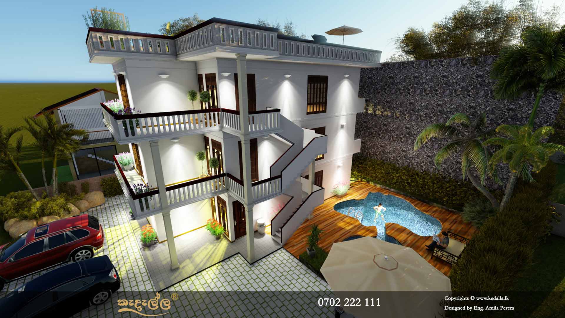Three Story House Plans in Sri Lanka with curved shape mini swimming pool at ground level