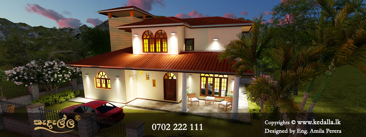 Elegant front elevation of low-pitch roof type 3D house plan in Sri Lanka two story