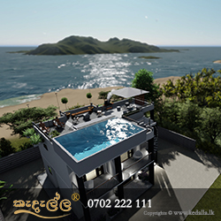 Terrace features a modern rectangular-shaped swimming pool that was built with a raised foundation to make it level with the terrace upon which it was constructed