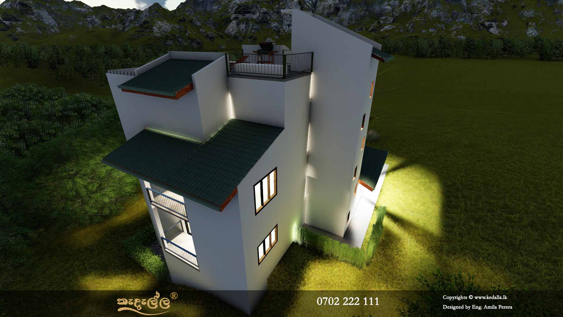 Three Story  sloping lot house plans with photos for steep land by architect in Sri Lanka